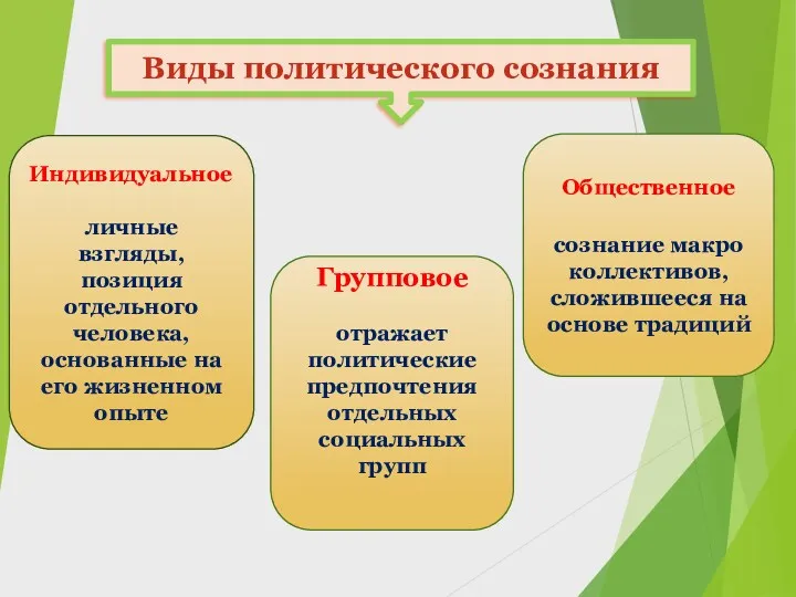 Виды политического сознания Индивидуальное личные взгляды, позиция отдельного человека, основанные