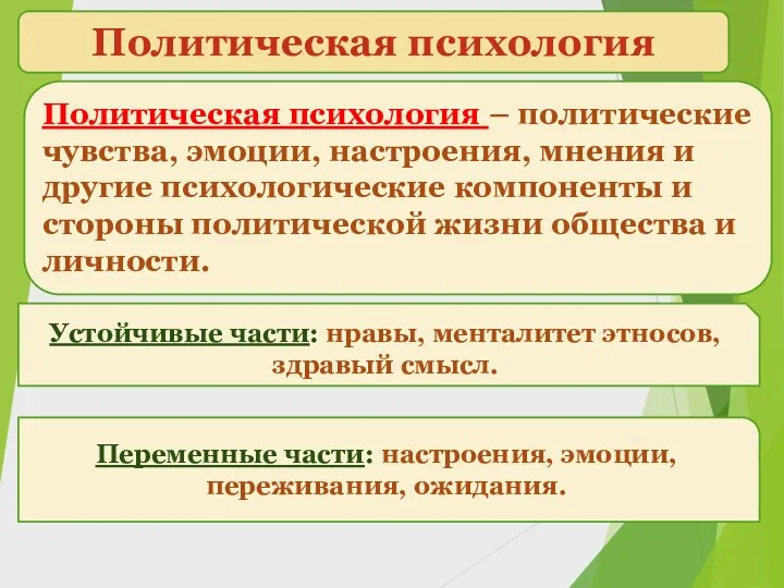 Политическая психология Политическая психология – политические чувства, эмоции, настроения, мнения