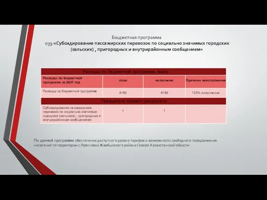 Бюджетная программа 039 «Субсидирование пассажирских перевозок по социально значимых городских