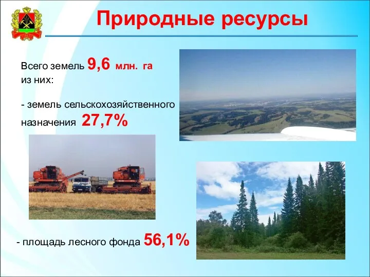 Природные ресурсы - площадь лесного фонда 56,1% Всего земель 9,6 млн. га из