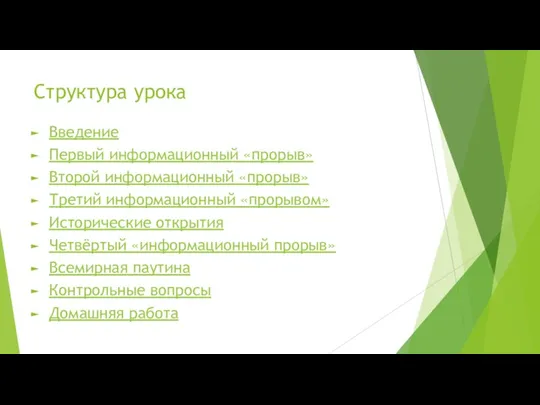 Структура урока Введение Первый информационный «прорыв» Второй информационный «прорыв» Третий