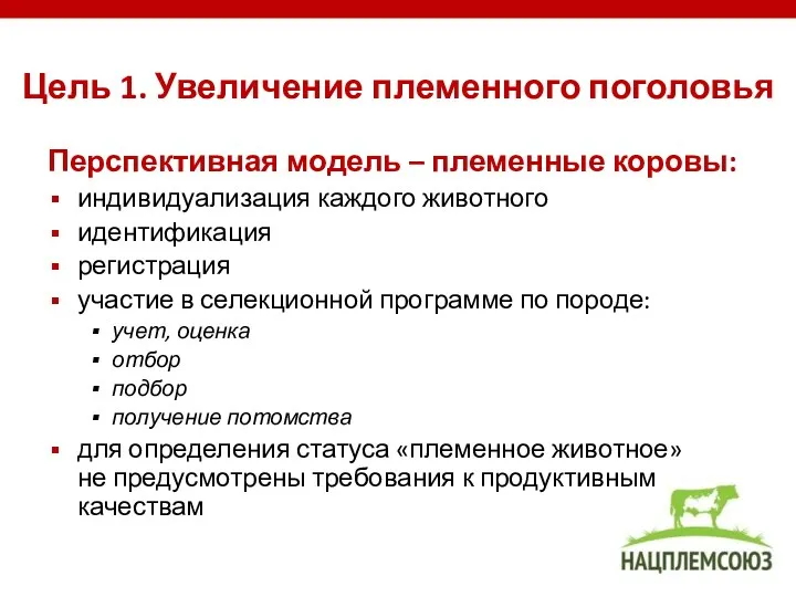 Цель 1. Увеличение племенного поголовья Перспективная модель – племенные коровы: индивидуализация каждого животного