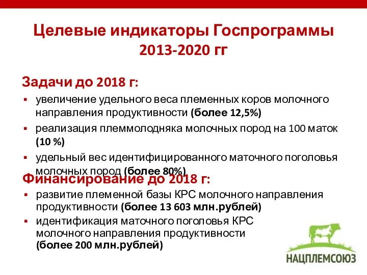 Целевые индикаторы Госпрограммы 2013-2020 гг Задачи до 2018 г: увеличение удельного веса племенных