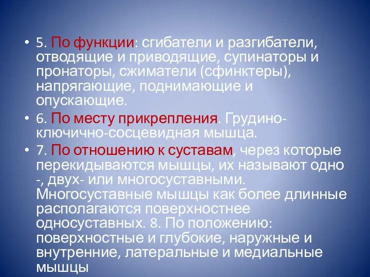 5. По функции: сгибатели и разгибатели, отводящие и приводящие, супинаторы