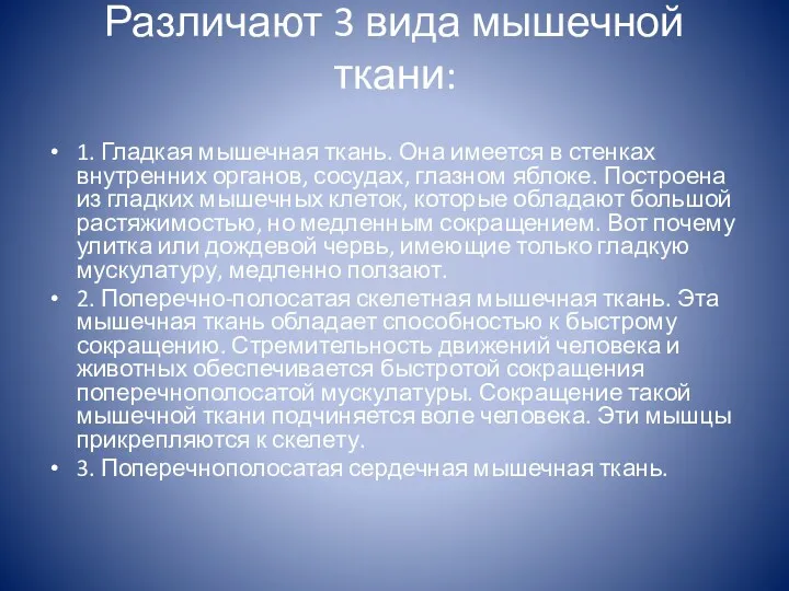 Различают 3 вида мышечной ткани: 1. Гладкая мышечная ткань. Она