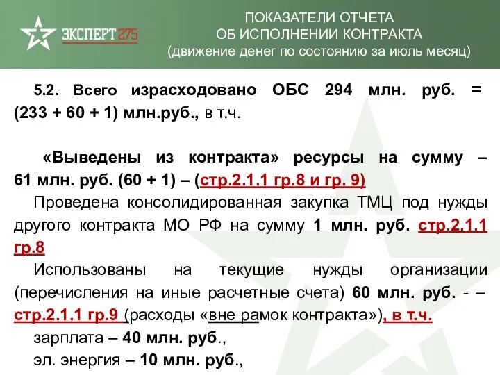 ПОКАЗАТЕЛИ ОТЧЕТА ОБ ИСПОЛНЕНИИ КОНТРАКТА (движение денег по состоянию за