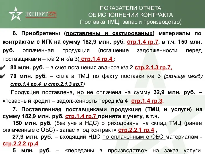 ПОКАЗАТЕЛИ ОТЧЕТА ОБ ИСПОЛНЕНИИ КОНТРАКТА (поставка ТМЦ, запас и производство)