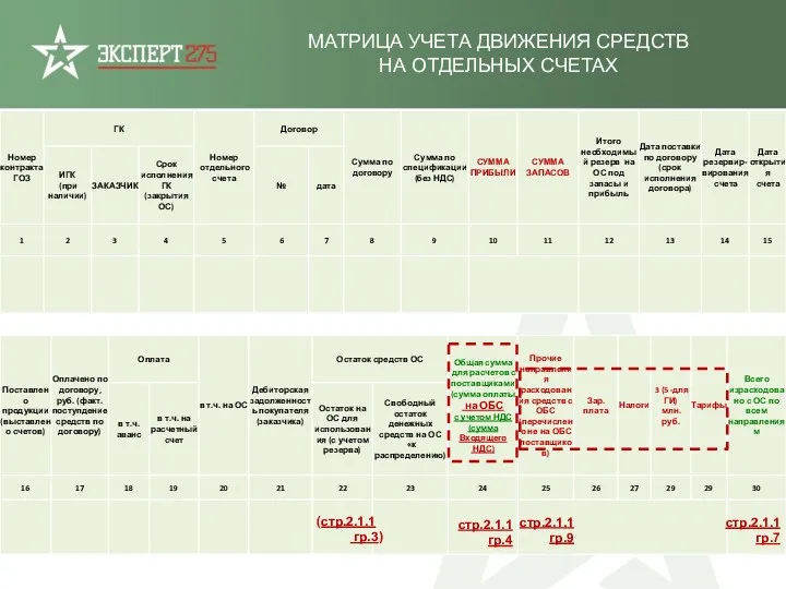 МАТРИЦА УЧЕТА ДВИЖЕНИЯ СРЕДСТВ НА ОТДЕЛЬНЫХ СЧЕТАХ стр.2.1.1 гр.7 стр.2.1.1 гр.9 стр.2.1.1 гр.4 (стр.2.1.1 гр.3)