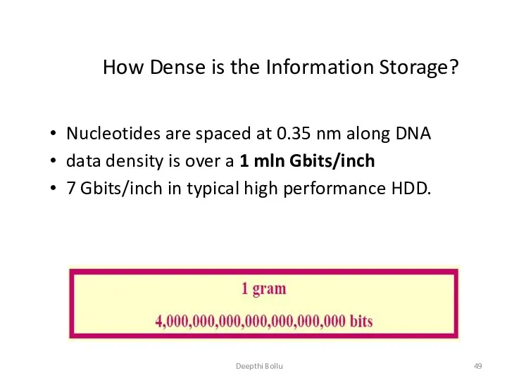 Deepthi Bollu How Dense is the Information Storage? Nucleotides are