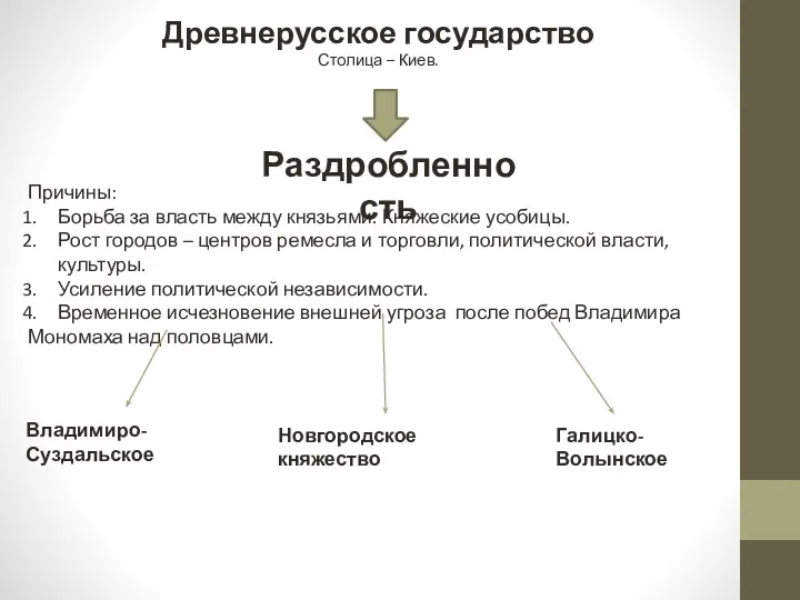 Древнерусское государство Столица – Киев. Раздробленность Причины: Борьба за власть между князьями. Княжеские