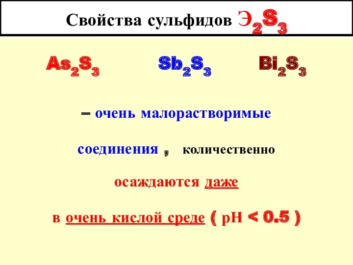 Свойства сульфидов Э2S3 As2S3 Sb2S3 Bi2S3 – очень малорастворимые соединения