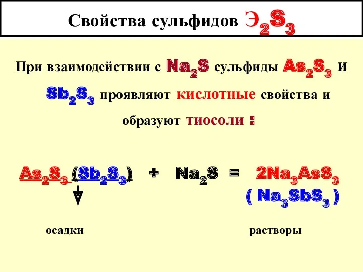 Свойства сульфидов Э2S3 При взаимодействии с Na2S сульфиды As2S3 и