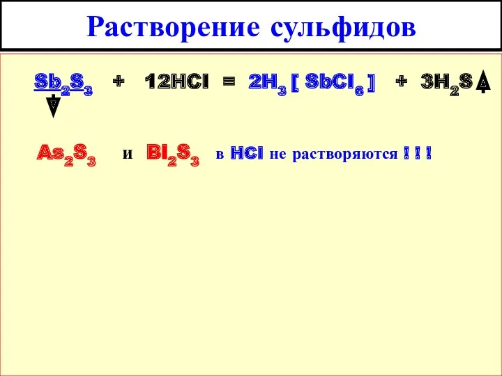 Растворение сульфидов Sb2S3 + 12HCI = 2H3 [ SbCI6 ]