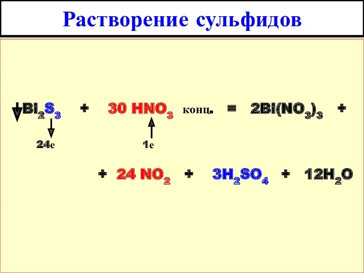 Растворение сульфидов Bi2S3 + 30 HNO3 конц. = 2Bi(NO3)3 +