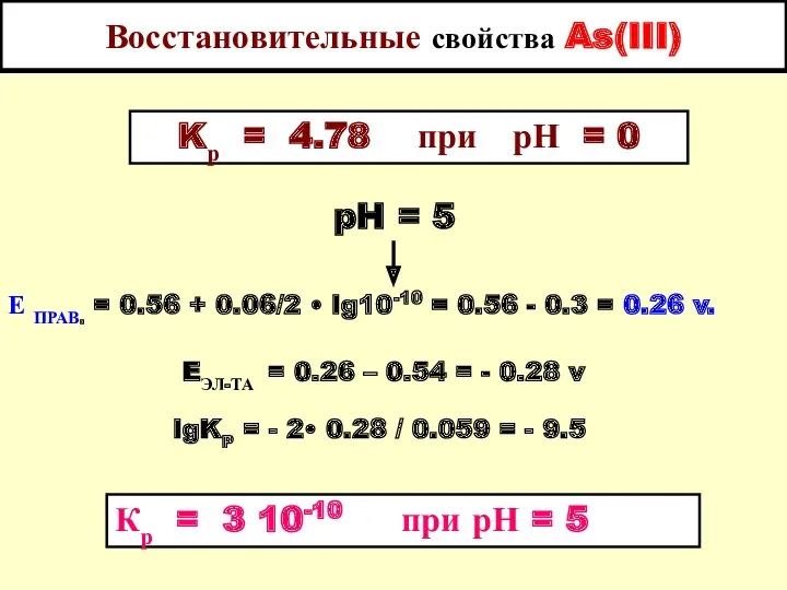 Восстановительные свойства As(III) pH = 5 Е ПРАВ. = 0.56