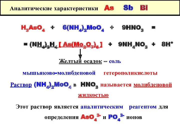 Аналитические характеристики As Sb Bi H3AsO4 + 6(NH4)2MoO4 + 9HNO3