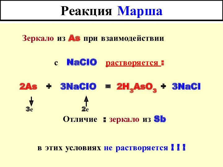 Реакция Марша Зеркало из As при взаимодействии с NaCIO растворяется