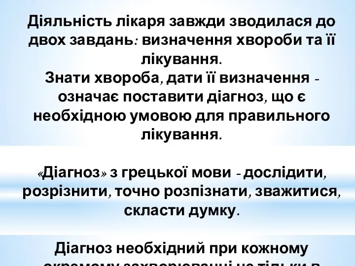 Діяльність лікаря завжди зводилася до двох завдань: визначення хвороби та її лікування. Знати