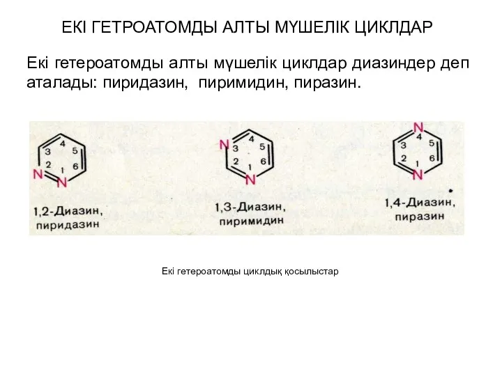 Екі гетероатомды циклдық қосылыстар ЕКІ ГЕТРОАТОМДЫ АЛТЫ МҮШЕЛІК ЦИКЛДАР Екі