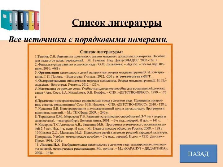 Список литературы Все источники с порядковыми номерами. НАЗАД