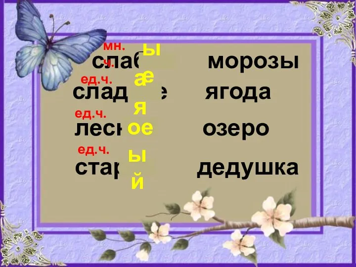 слабая морозы ые мн.ч. сладкое ягода ая ед.ч. лесной озеро ое ед.ч. старая дедушка ый ед.ч.