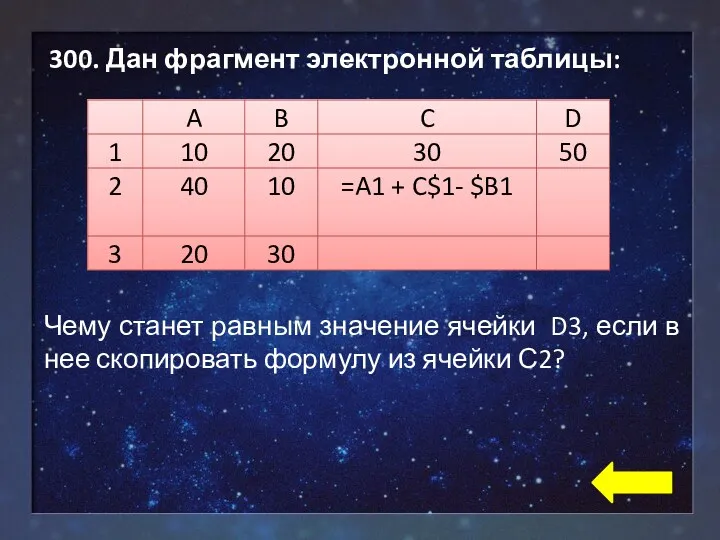 300. Дан фрагмент электронной таблицы: Чему станет равным значение ячейки