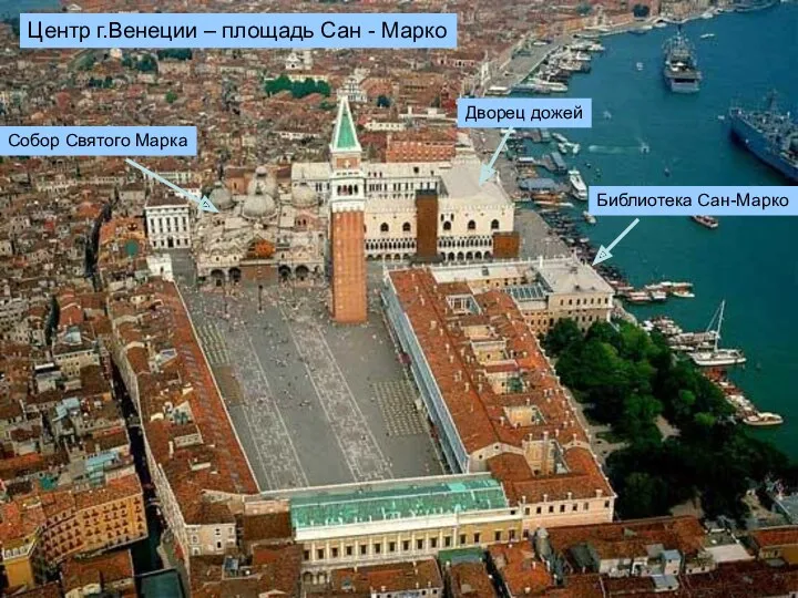 Центр г.Венеции – площадь Сан - Марко Библиотека Сан-Марко Собор Святого Марка Дворец дожей