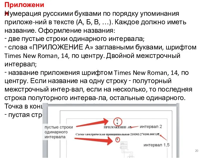 Приложения Нумерация русскими буквами по порядку упоминания приложе-ний в тексте (А, Б, В,