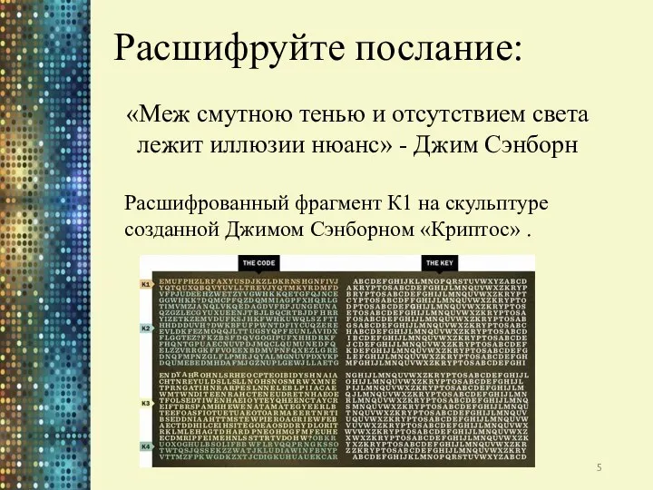 Расшифруйте послание: «Меж смутною тенью и отсутствием света лежит иллюзии