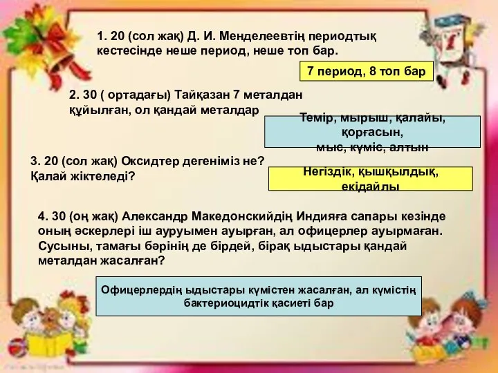 1. 20 (сол жақ) Д. И. Менделеевтің периодтық кестесінде неше