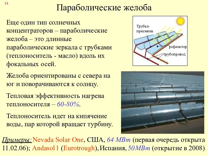 Параболические желоба Трубка-приемник рефлектор трубопровод Еще один тип солнечных концентраторов
