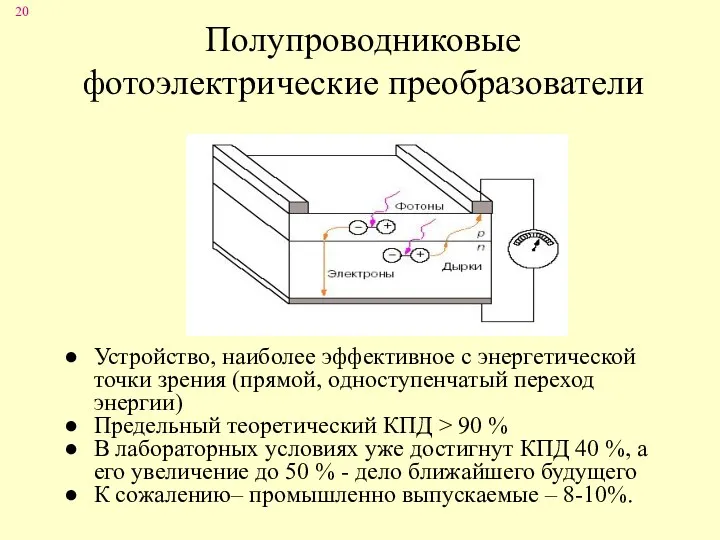 Полупроводниковые фотоэлектрические преобразователи Устройство, наиболее эффективное с энергетической точки зрения (прямой, одноступенчатый переход