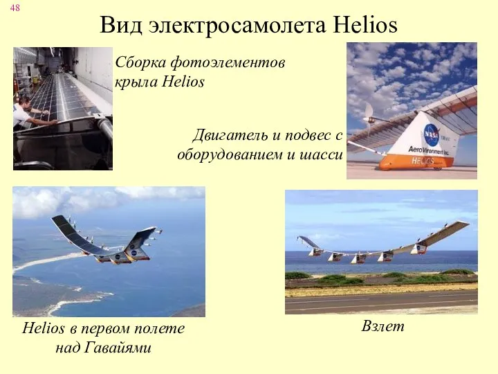 Вид электросамолета Helios Сборка фотоэлементов крыла Helios Двигатель и подвес