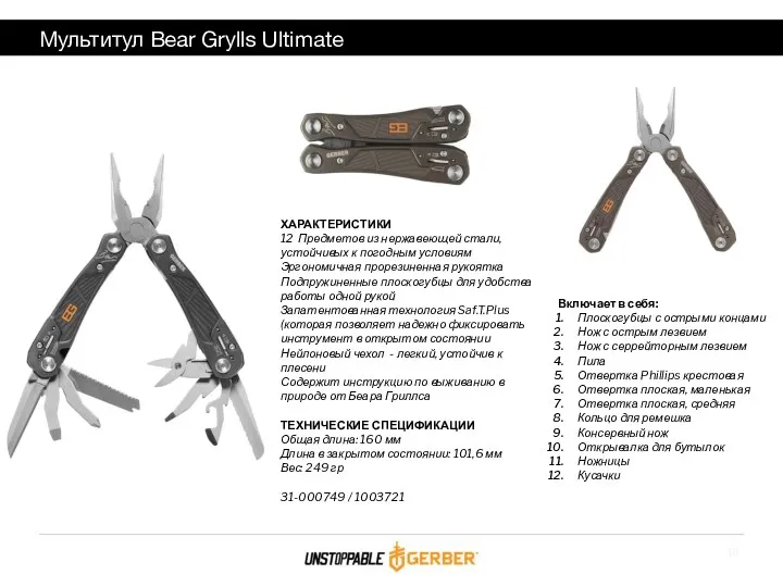 Мультитул Bear Grylls Ultimate ХАРАКТЕРИСТИКИ 12 Предметов из нержавеющей стали,