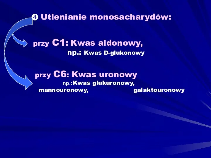 ❹ Utlenianie monosacharydów: przy C1: Kwas aldonowy, np.: Kwas D-glukonowy przy C6: Kwas