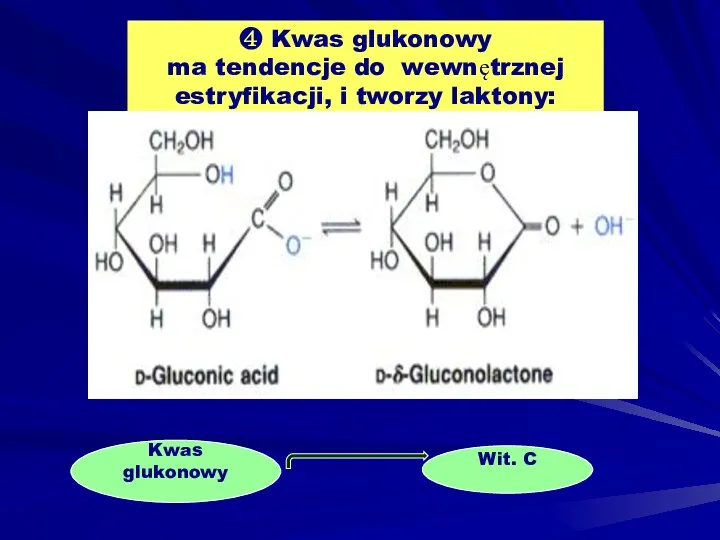 ❹ Kwas glukonowy ma tendencje do wewnętrznej estryfikacji, i tworzy laktony: Kwas glukonowy Wit. C Np.: