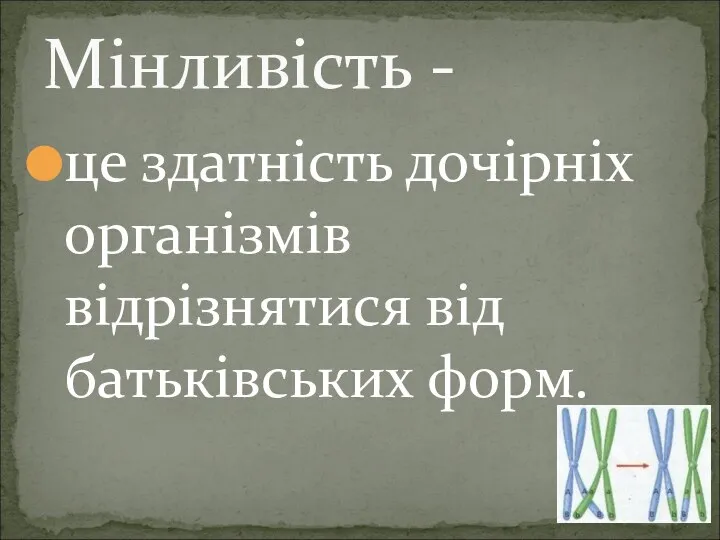 це здатність дочірніх організмів відрізнятися від батьківських форм. Мінливість -