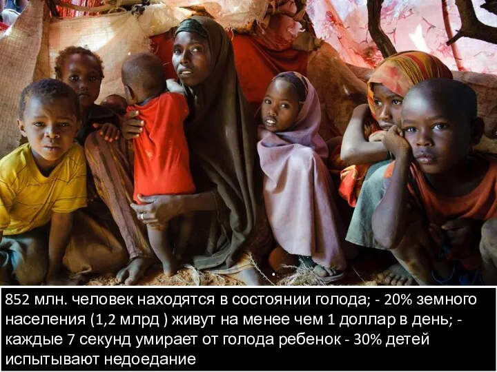 . 852 млн. человек находятся в состоянии голода; - 20%