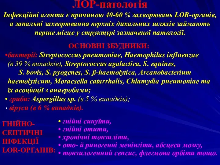 ЛОР-патологія Інфекційні агенти є причиною 40-60 % захворювань LOR-органів, а запальні захворювання верхніх