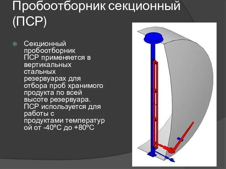 Пробоотборник секционный (ПСР) Секционный пробоотборник ПСР применяется в вертикальных стальных