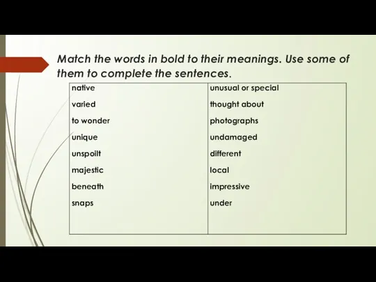 Match the words in bold to their meanings. Use some of them to complete the sentences.
