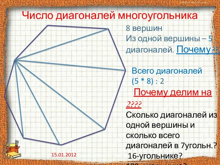 Число диагоналей многоугольника 8 вершин Из одной вершины – 5 диагоналей. Почему??? Всего