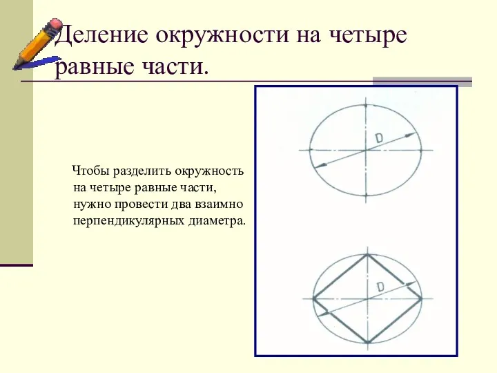 Деление окружности на четыре равные части. Чтобы разделить окружность на