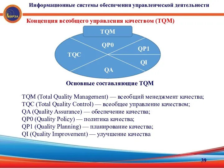 Концепция всеобщего управления качеством (TQM) TQM QP0 TQC QA QP1