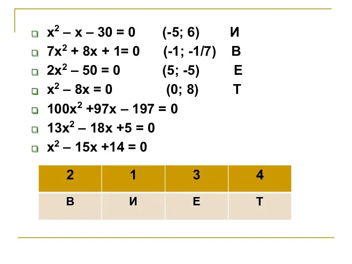х2 – х – 30 = 0 (-5; 6) И