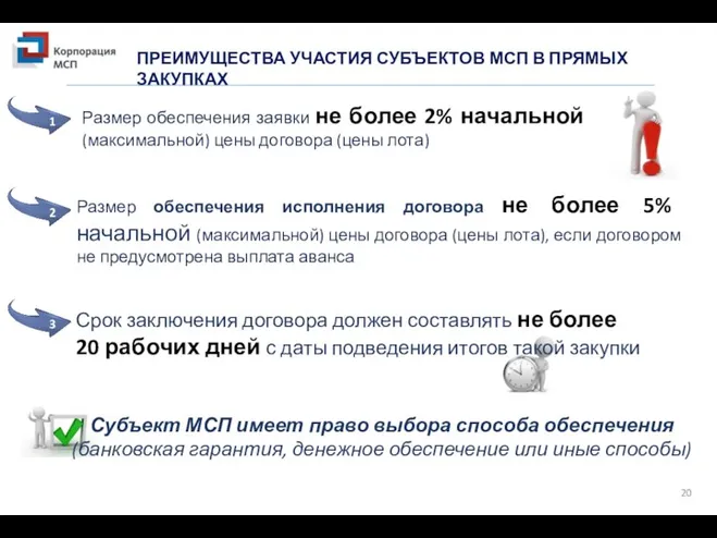 20 ПРЕИМУЩЕСТВА УЧАСТИЯ СУБЪЕКТОВ МСП В ПРЯМЫХ ЗАКУПКАХ Размер обеспечения