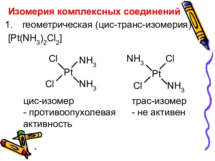 * Изомерия комплексных соединений геометрическая (цис-транс-изомерия) [Pt(NH3)2Cl2] цис-изомер - противоопухолевая активность трас-изомер - не активен