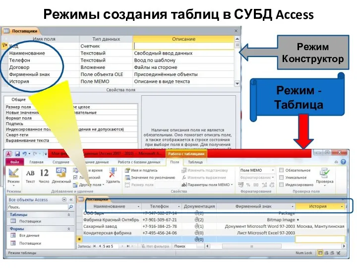 Режимы создания таблиц в СУБД Access Режим - Таблица Режим Конструктор