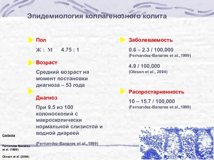 Эпидемиология коллагенозного колита Contents Fernandez-Banares et al. (1999) Olesen et