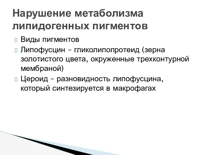 Виды пигментов Липофусцин – гликолипопротеид (зерна золотистого цвета, окруженные трехконтурной